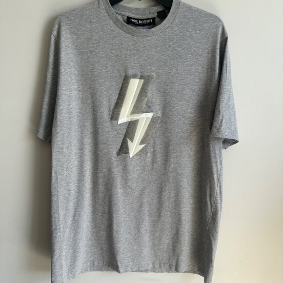 Neil Barrett T Shirt Size Medium Gray Lightning Tape Logo MADE in ITALY - Picture 1 of 15